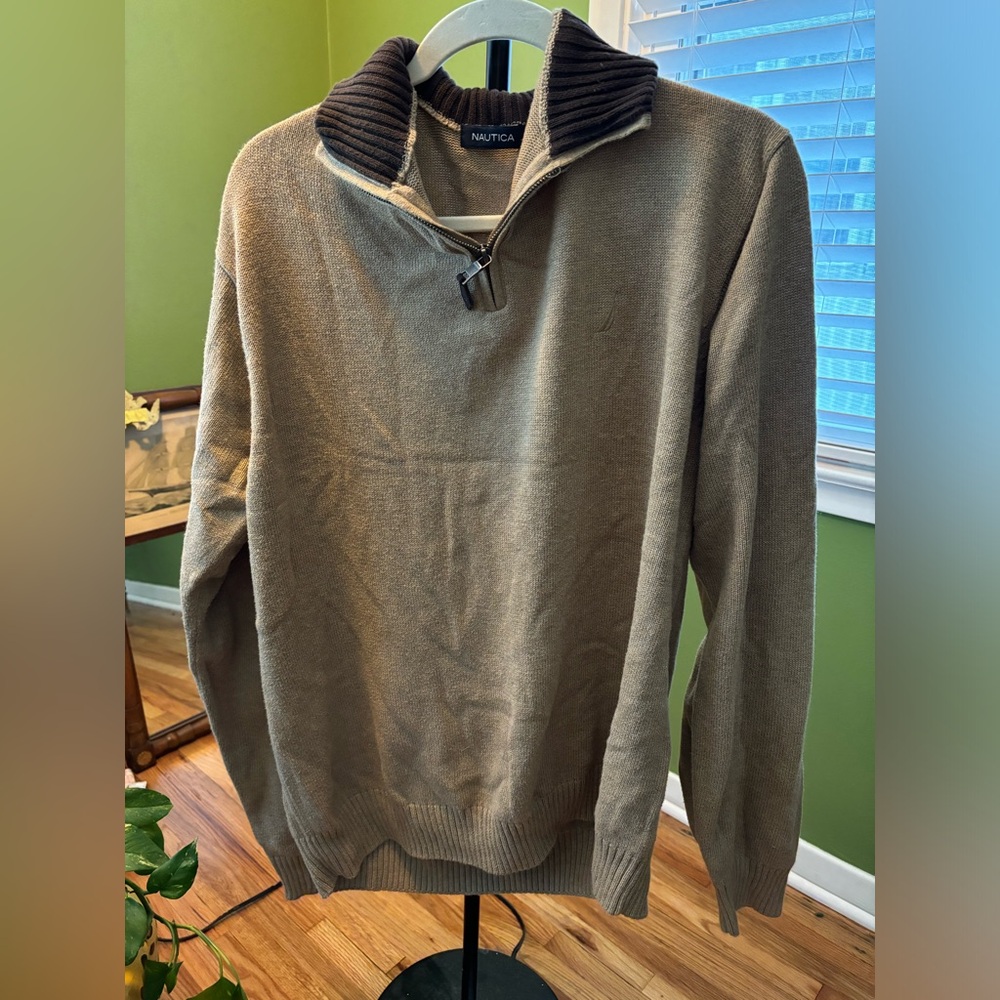 Nautica Sweater Men XL brown 1/4 Zip Pullover Casual Preppy Knit